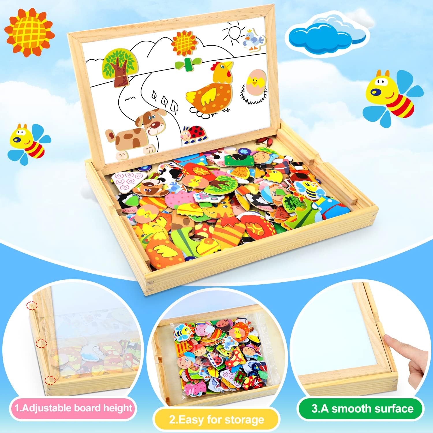 Wooden Magnetic Board Puzzle Games + Chalkboard